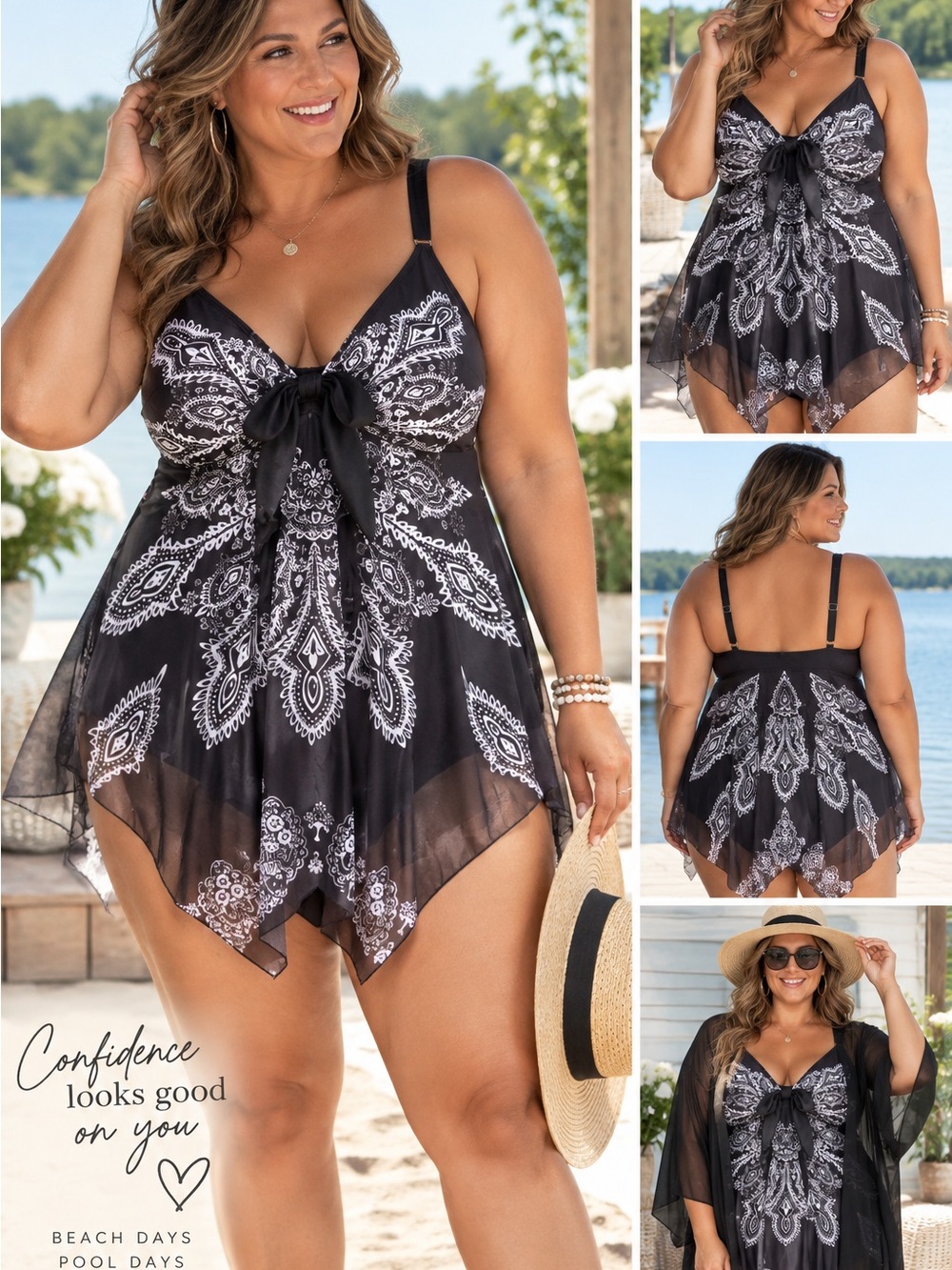 Plus Size Black Paisley Handkerchief Hem Swimdress with Bow